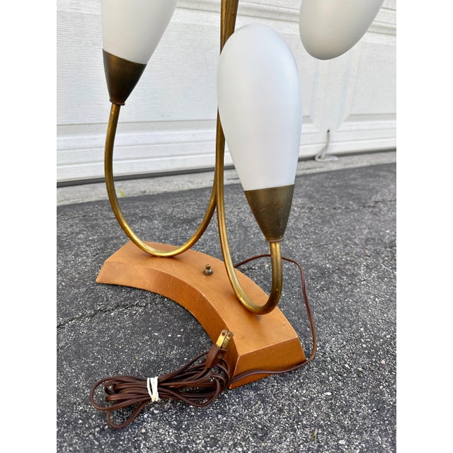 Curved Mahogany & Brass Lamps With Four Teardrop Shades For Sale - Image 4 of 9