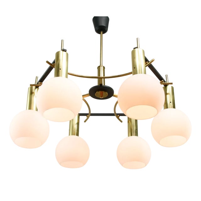 Mid-Century Modern Brass and Opaline Chandelier, Italy For Sale