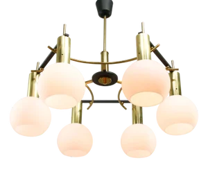 Mid-Century Modern Brass and Opaline Chandelier, Italy