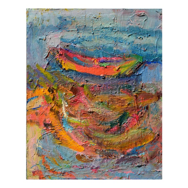 Modern 1980s "Boat in Harbor" Abstract Nautical Oil Painting by Kristin Cohen For Sale - Image 3 of 4