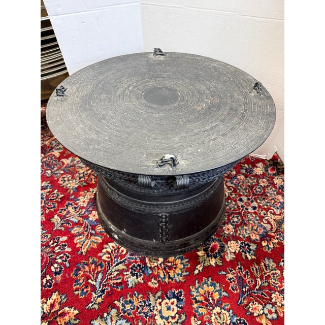 Patinated Metal Frog Drum Table With Engraved Top For Sale - Image 4 of 5