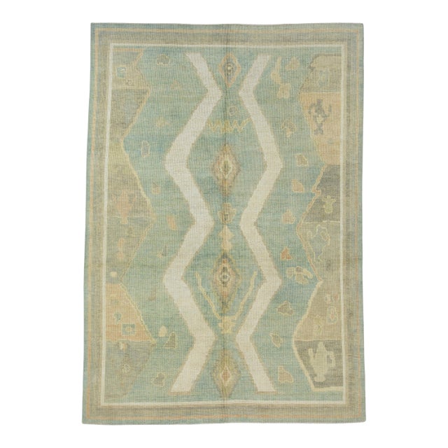Cream & Sky Blue Turkish Oushak Rug 6'3" x 9' For Sale