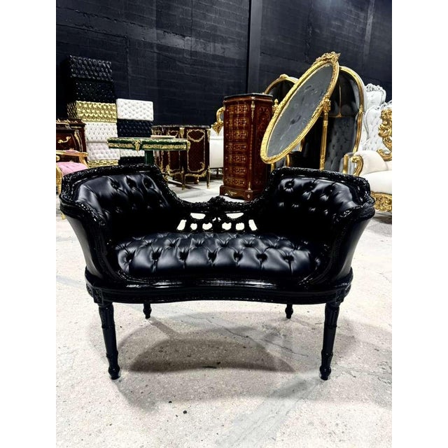 Animal Skin Rococo Tufted Black Leather Bench For Sale - Image 7 of 7