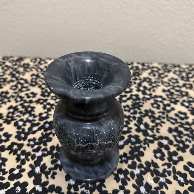Boho Chic Vintage Polished Black and Gray Marble Vase With Intricate Floral Etching For Sale - Image 3 of 6
