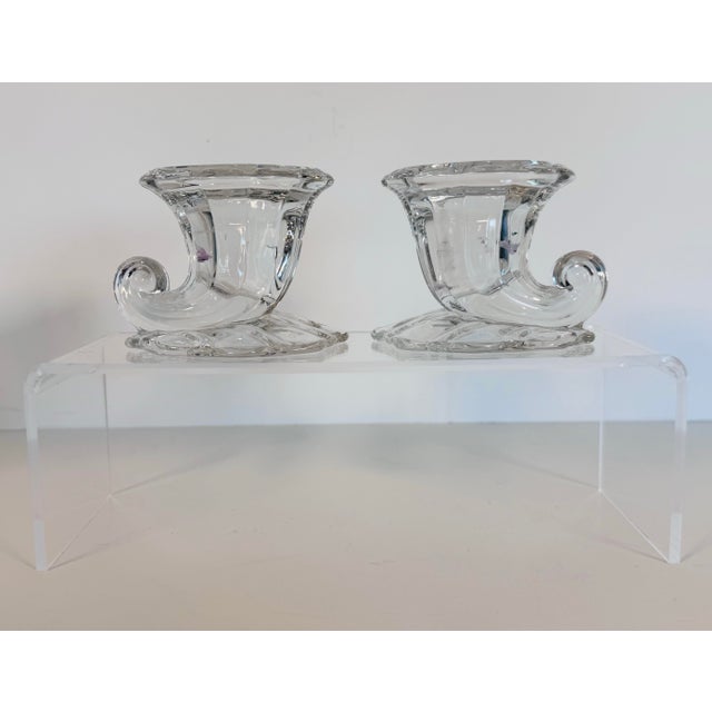 Vintage 1930s Heisey Glass Co Cornucopia Glass Candleholders, Pair Bring elegant Depression-era artistry to your tabletop...