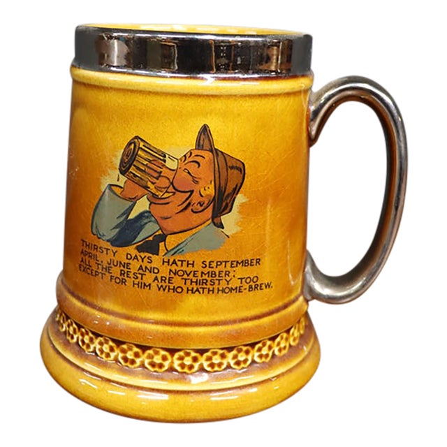 Antique-Style Yellow Ceramic Tankard With Illustrated Drinking Verse and Silver-Tone Handle For Sale