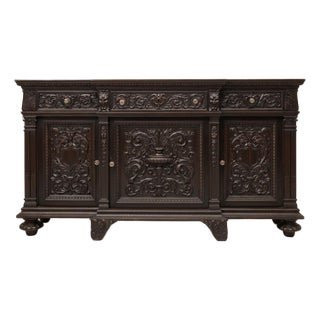 Victorian French Renaissance Ebonized Oak Buffet Cabinet Credenza Sideboard For Sale