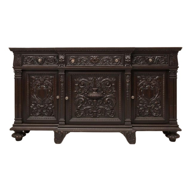 Victorian French Renaissance Ebonized Oak Buffet Cabinet Credenza Sideboard For Sale