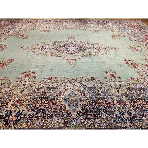 Vintage Oversize Persian Kerman in Floral Pattern in Pale Green, Red, Blue, Pink For Sale - Image 4 of 12