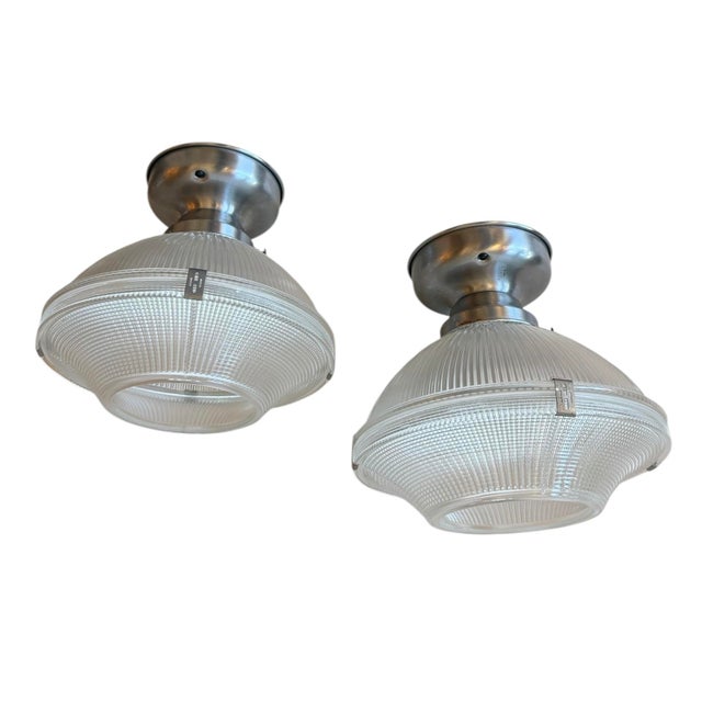 Holophane Vintage Holophane Ceiling Lights With Silver Holders - a Pair For Sale - Image 4 of 8