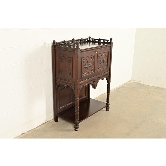 Herter Brothers Antique English Victorian or Gothic Revival Carved Walnut Drop Front Secretary Desk | Circa 1880s For Sale - Image 4 of 14