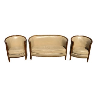 1940s French Art Deco Leather Solid Mahogany Barrel Back Club Chairs and Settees - A Set of 3 Piece For Sale