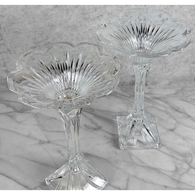 Mid 20th Century Vintage 13" Victorian Crystal Glass Lotus Flower Compote Pedestal Bowls - A Pair For Sale - Image 5 of 7