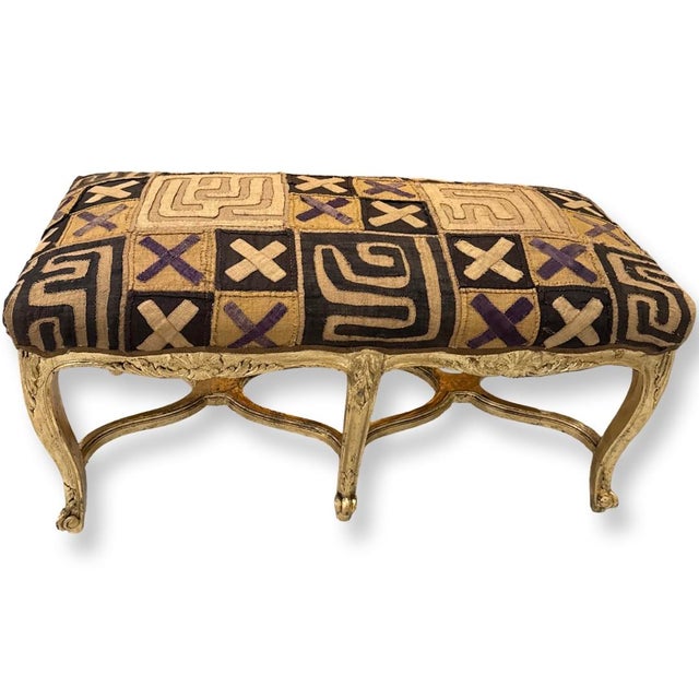 Vintage French Gilded Wood Luis XV style Bench with a decorative central crossba and great natural African Hand made...