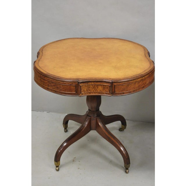 Traditional Vintage English Regency Leather Top Mahogany Drum End Table W/ 4 Drawers - Pair For Sale - Image 3 of 18