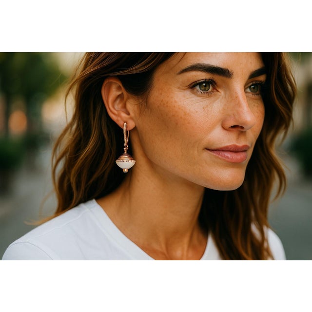 18k Rose and White Gold Enamel Diamond Orb Drop Earrings, 0.70 Carats, A Pair For Sale - Image 10 of 15