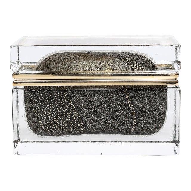 Modernist Hand-Blown Murano Glass Box in Black W/ 24Karat Gold Flecks & Brass For Sale