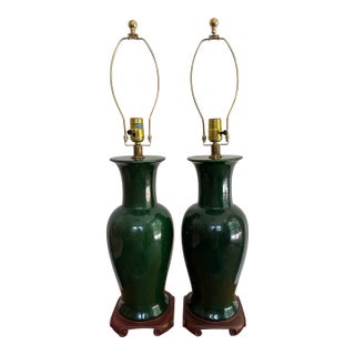 1980s Forest Green Porcelain Urn Form Lamps - A Pair For Sale