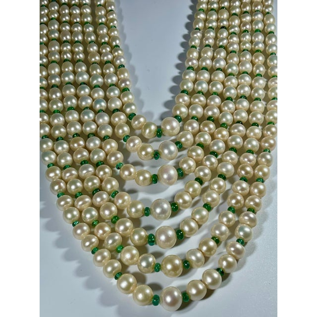 7Layer Fresh Water Pearl , Emerald Bead + 14K Spacer Clasp Opera Length Necklace For Sale - Image 14 of 18