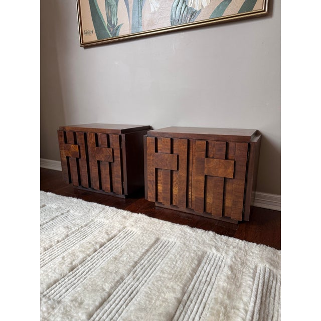 Beautiful pair of Lane Staccato brutalist side tables or nightstands with stunning walnut wood. Lane handpicked all of...