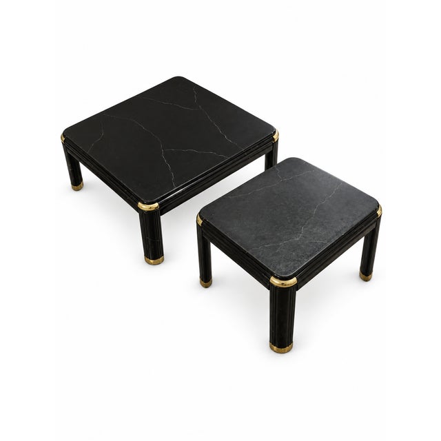 Vintage Postmodern Black Marble-Look Coffee and Side Tables With Brass Accents — Set of 2 For Sale - Image 10 of 12