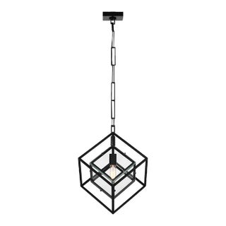 Kelly Wearstler for Visual Comfort Signature Cubed Medium Pendant in Aged Iron with Clear Glass For Sale