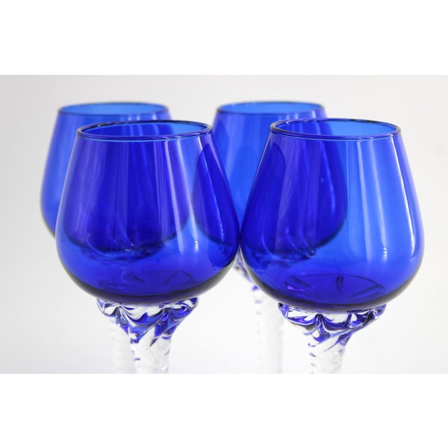 Italian Vintage Italian Empoli Cobalt Blue Wine Goblets Glasses, Hand Blown - Set of 4 For Sale - Image 3 of 5