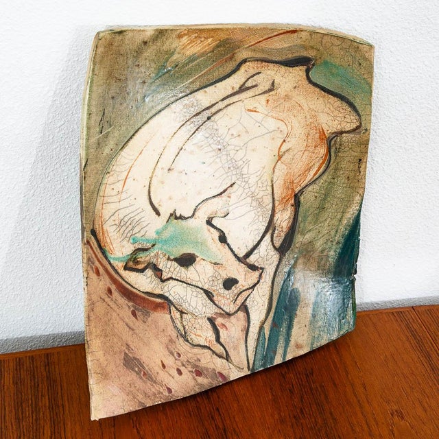 Mid Century Modern Art Pottery Tray Bull Cow Art Ceramic Decorative Raku Fired For Sale - Image 4 of 11