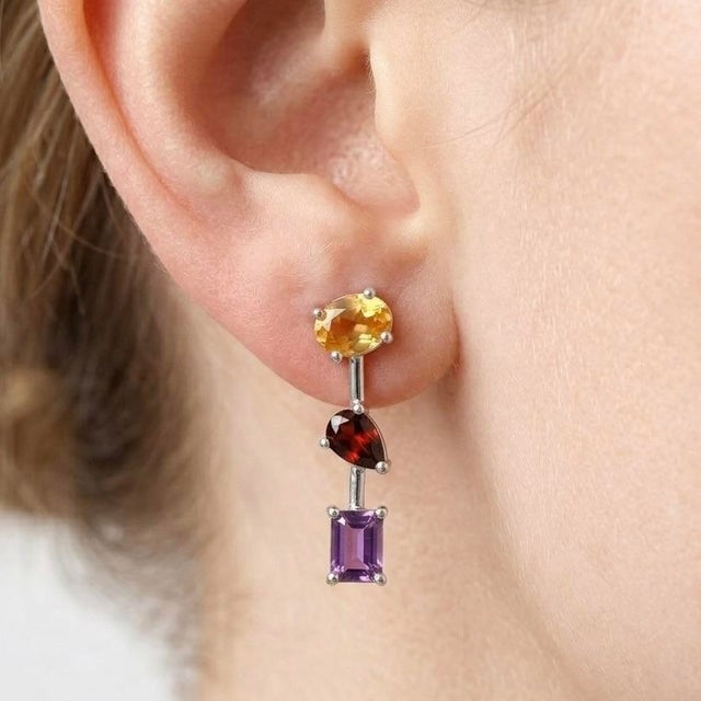 Contemporary Citrine - Garnet - Amethyst Drop Earrings, Multi Gemstone Birthstone Dangle Earrings - A Pair For Sale - Image 3 of 5