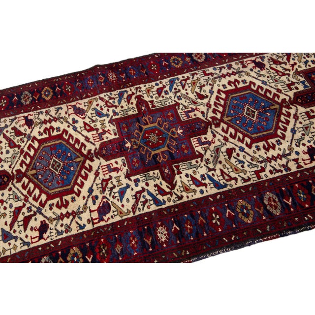 Textile 1960s Vintage Handmade Tribal Beige Heriz Wool Runner For Sale - Image 7 of 8