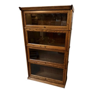 Mid Century Oak Solid Wood Barrister Bookcase Lawyers Four-Unit Stackable Glass Doors AntiqueVintage For Sale