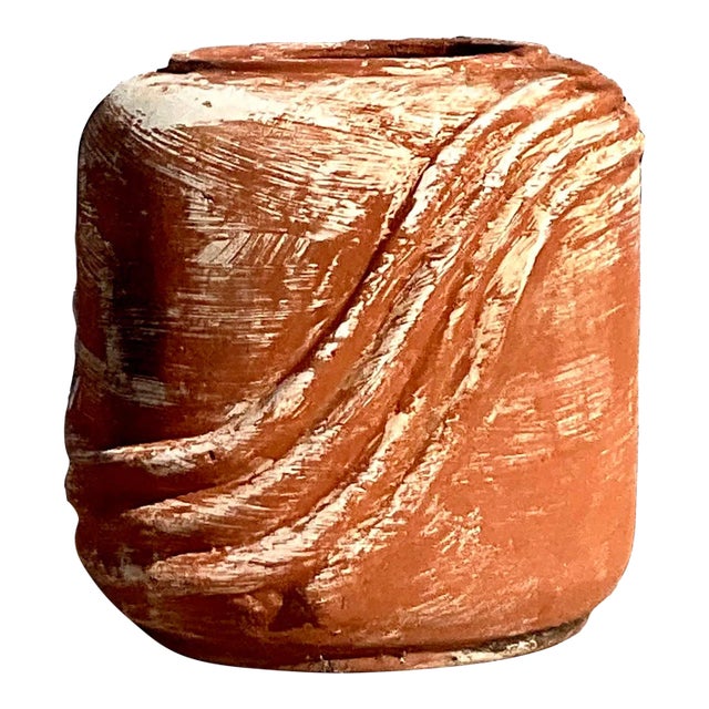 Vintage Cylinder Terracotta Planter With Curved Ridges For Sale