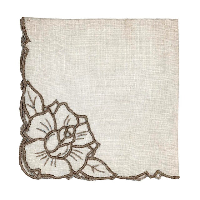 Textile Vintage Linen Luncheon Napkins With Embroidered Flower Motif- Set of 8 For Sale - Image 7 of 9