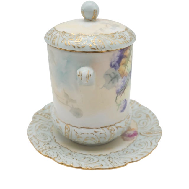 French Antique T&v Limoges Hand Painted Blackberry Condensed Milk Jar With Saucer For Sale - Image 3 of 11