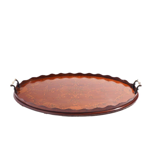 Brown English Mahogany Oval Inlaid Serving Tray With Scalloped Gallery, C. 1800's For Sale - Image 8 of 15