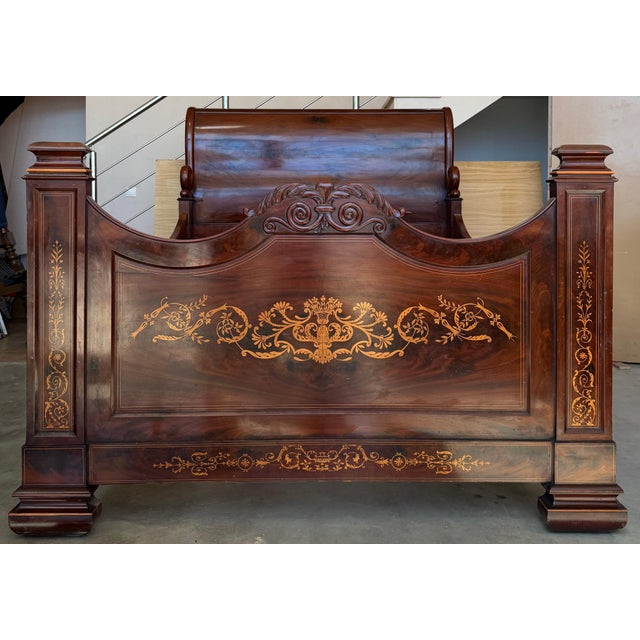 19th Century Italian Carved Inlaid Mahogany Burl Full Bed For Sale - Image 4 of 18