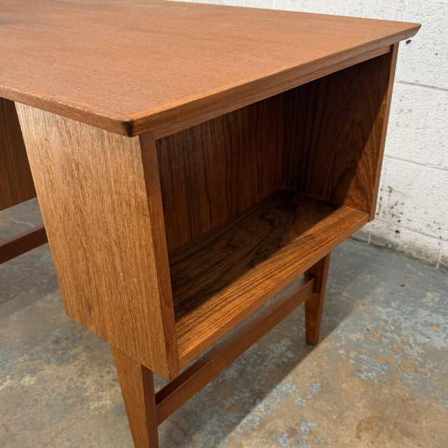 Brown Compact Vintage Danish Modern Teak Writing Desk With Side and Rear Bookshelves For Sale - Image 8 of 10