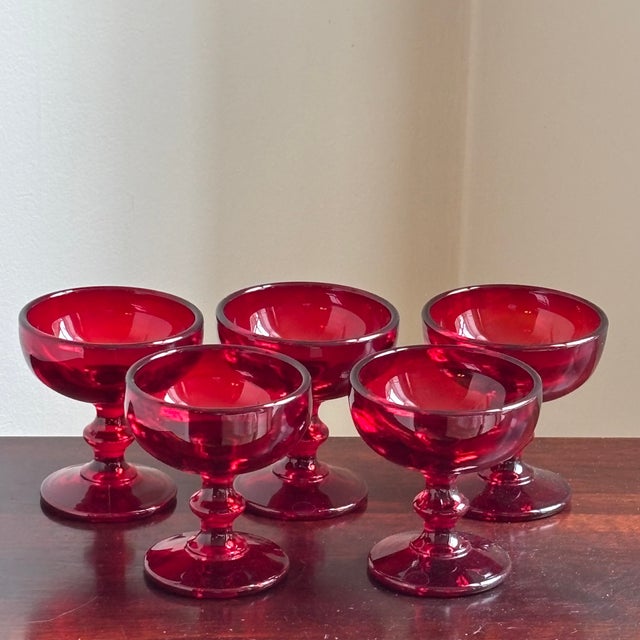 1960s Ruby Red Coupe Glasses - Set of 5 For Sale In Baltimore - Image 6 of 11