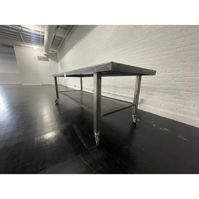 Vintage Style Metal Industrial Table on Wheels, circa 2000 For Sale - Image 4 of 4