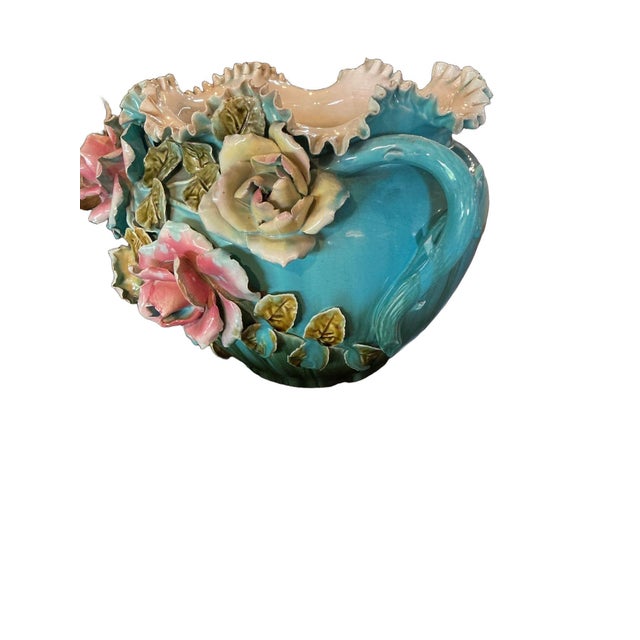 This is a beautiful Barbotine style majolica jardiniere (cache pot/planter). It features raised, three-dimensional floral...