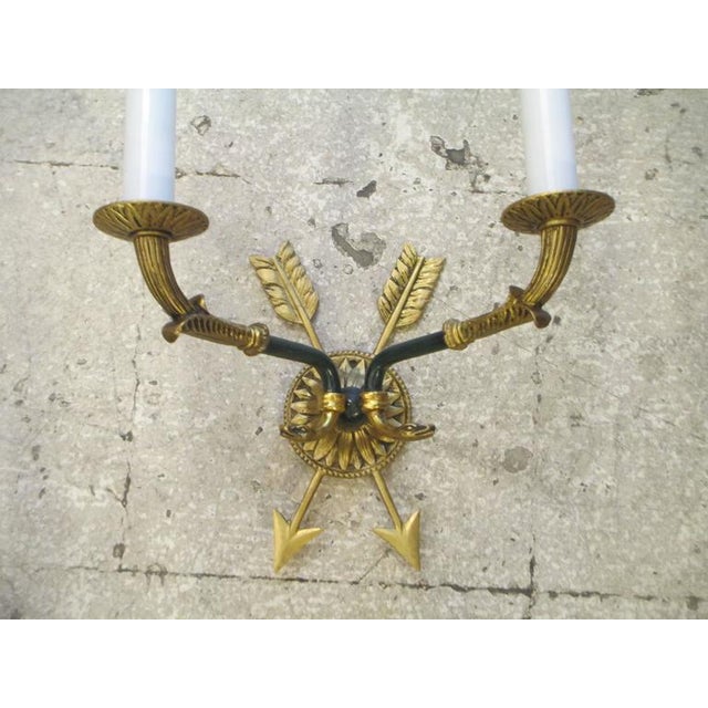 Mid-Century Modern Pair of Directoire-Style Two-Arm Bronze Sconces For Sale - Image 3 of 5