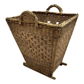 Vintage European Square Woven Wicker Harvest Gathering Basket For Sale
