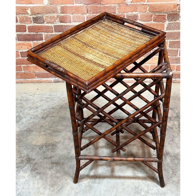 1970s Bamboo Mid-Century Style Tall Rattan Tray Top Side Table For Sale - Image 5 of 5