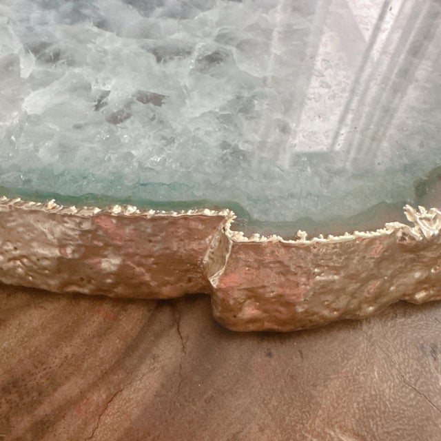 2000 - 2009 Large Blue Agate Geode Slice 11” Natural Crystal Slab Gold Edge For Sale - Image 5 of 12