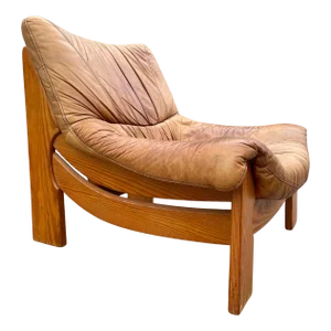 Vintage Leather Lounge Chair in Pine from Maison Regain, 1970s