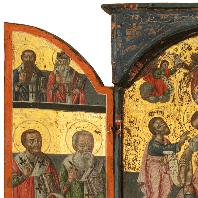 Antique 18thC Greek Orthodox Triptych Icon Virgin Mary & Saints Egg Tempera 1700 For Sale - Image 13 of 18