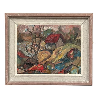 Nils Grahmstad, Cottage with a Red Roof, 1960s, Oil on Canvas For Sale