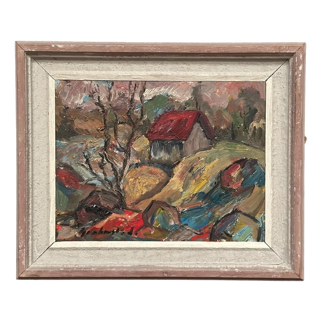 Nils Grahmstad, Cottage with a Red Roof, 1960s, Oil on Canvas For Sale