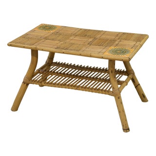 Coffee Table in Rattan and Ceramic attributed to Audoux Minet, 1950s For Sale