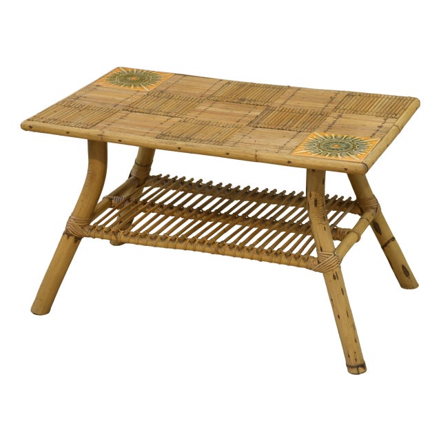 Coffee Table in Rattan and Ceramic attributed to Audoux Minet, 1950s For Sale